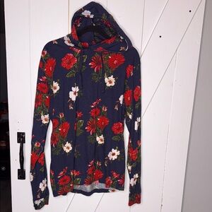 Navy Floral Hoodie with Red and White Accents